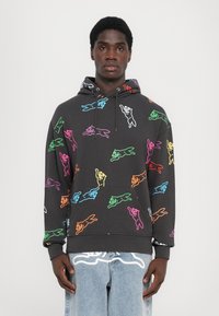 Hanorac negru cu desene de animale încadrate colorat, în diverse poziții. Material moale, cu buzunar tip kangaroo și glugă cu șnur ajustabil.