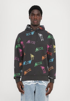 Zwarte hoodie met kleurrijke omranding van dierenontwerpen in verschillende posities. Zacht materiaal met een kangoeroezak en een verstelbare capuchon met koord.