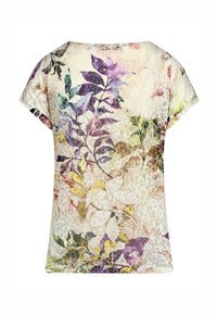 Kurzärmliges Oberteil aus leichtem Material, das ein mehrfarbiges Blumenmuster auf einem hellen Hintergrund mit subtiler Leopardenmuster-Textur zeigt.