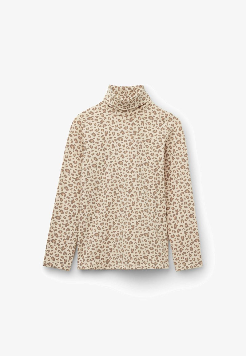 Beige Rollkragenpullover mit langem Ärmel und einem Leopardenmuster in Brauntönen; weicher Stoff, lockere Passform, keine sichtbaren Beschläge oder Akzente.