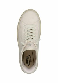 White sneaker with smooth synthetic upper, round toe, and flat laces. Features a cushioned insole and embossed logo on the tongue.