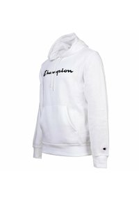 Weißer Baumwoll-Hoodie mit Kängurutasche, Kapuze mit Zugband und dem Wort "Champion" in schwarzer Schreibschrift über der Brust. Mit Logo auf dem Ärmel.