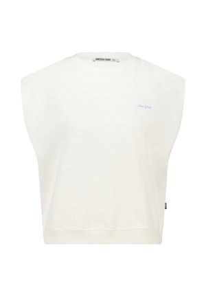 Witte mouwloze sweatshirt met gevoerde schouders en kleine lichtblauwe "New York" tekst op de linkerkant van de borst, ronde hals.
