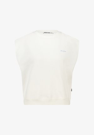 White sleeveless sweatshirt with padded shoulders and small light blue "New York" text on the left chest, crew neckline.
