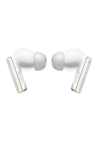 Weiße kabellose Ohrhörer mit einem glatten, abgerundeten Design. Goldene Akzente am Gehäuse und an den Ohrstöpseln. Logo an der Seite. Sichtbarer strukturierter Griffbereich.