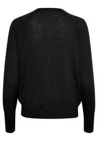 Svart tröja med en mjuk, texturerad stickning, ribbade ärmslut och en avslappnad passform. Designen är enkel utan synliga dekorationer.