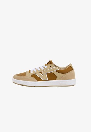 Tan and beige sneakers with a mix of suede and mesh materials, featuring white laces, a padded collar, and a rubber sole.
