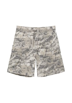 Férfi bézs és szürke terepmintás terepszínű rövidnadrág oldalzsebekkel és elöl húzózsinóros rögzítéssel.