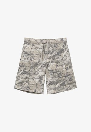 Férfi bézs és szürke terepmintás terepszínű rövidnadrág oldalzsebekkel és elöl húzózsinóros rögzítéssel.