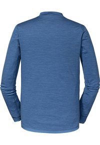 Langarm-Shirt aus meliertem blauen Stoff. Verfügt über einen runden Halsausschnitt und eng anliegende Ärmel. Die Rückansicht zeigt eine glatte Textur und Nahtdetails.