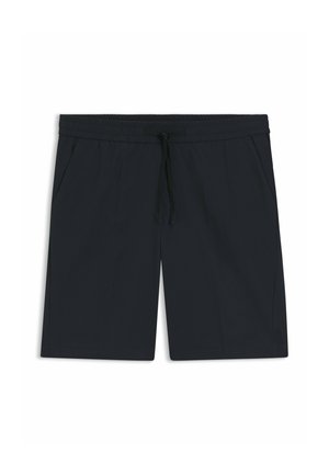 Shorts noirs longueur genou avec taille élastique et cordon, comportant des poches latérales, posés à plat sur un fond blanc.