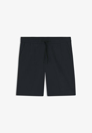 Shorts noirs longueur genou avec taille élastique et cordon, comportant des poches latérales, posés à plat sur un fond blanc.