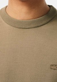 Khaki pulower z prążkowanym, okrągłym dekoltem, wykonany z teksturowanej tkaniny, z delikatnym logo po lewej stronie.