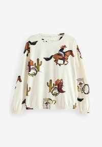 Biały sweatshirt z kolorowymi ilustracjami nawiązującymi do tematyki kowbojskiej i rodeo, w tym koni, kaktusów i butów kowbojskich, z elastycznymi mankietami i dolnym wykończeniem.