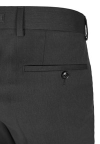 Schwarze maßgeschneiderte Hose mit glatter Textur, flachem Frontdesign, Seitentaschen und einer Gesäßtasche mit schwarzem Knopfdetail.