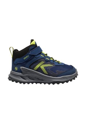 Blue and black high-top hiking shoe with gray sole, yellow accents, Velcro strap, and pull tab, designed for outdoor use.