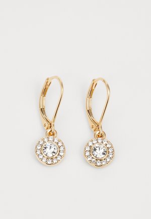 Brincos de argola em ouro com um cristal transparente central rodeado por pequenas pedras claras, apresentando um fecho de mola para um uso seguro.
