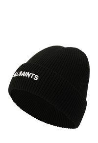 Schwarze gerippte Strickmütze mit umgeschlagenem Saum. Mit weißem, gesticktem "ALLSAINTS"-Logo auf der Vorderseite. Weicher Stoff und figurbetonte Form.