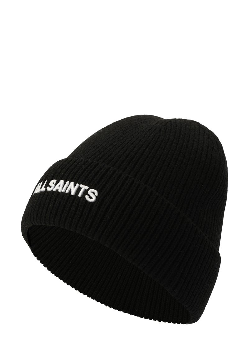 Schwarze gerippte Strickmütze mit umgeschlagenem Saum. Mit weißem, gesticktem "ALLSAINTS"-Logo auf der Vorderseite. Weicher Stoff und figurbetonte Form.