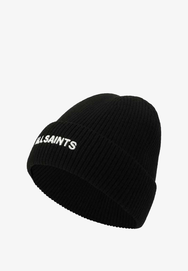 Black ribbed knit beanie with a turned-up cuff. Features white embroidered "ALLSAINTS" logo on the front. Soft texture and fitted shape.