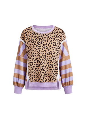 Sweatshirt met lange mouwen met een zandkleurige en zwarte luipaardprint in het midden en brede, horizontale paarse en bruine strepen op de mouwen en geribbelde boorden.
