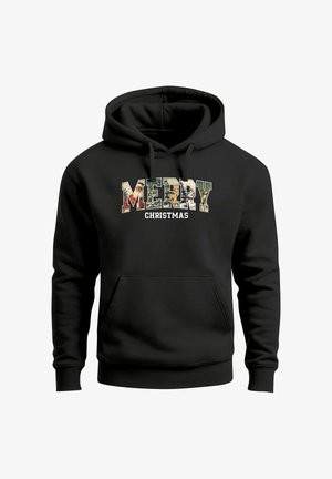 Schwarzer Hoodie mit dem Schriftzug "MERRY CHRISTMAS" in mehrfarbigen Buchstaben. Ausgestattet mit einer Fronttasche und verstellbarer Kapuze.