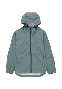 Giacca leggera con cappuccio di colore verde tenue. Presenta una chiusura frontale con mezza zip, due tasche laterali, polsini elasticizzati e una texture interna morbida.