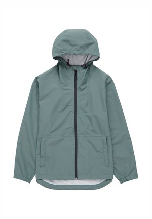 Giacca leggera con cappuccio di colore verde tenue. Presenta una chiusura frontale con mezza zip, due tasche laterali, polsini elasticizzati e una texture interna morbida.