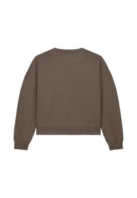 Bruine cropped sweatshirt met lange mouwen, ribgebreide boorden en een ronde halslijn. Heeft een gladde textuur en minimale stikdetails.