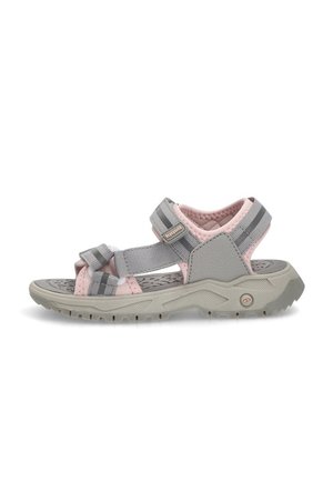 Sandalia gris y rosa con múltiples correas ajustables, plantilla texturizada y suela resistente para tracción. Diseño ligero y transpirable.