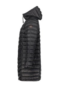 Chaqueta de plumas negra, con capucha, patrón de acolchado vertical, bolsillos con cremallera y cordones ajustables. Textura lisa y brillante.