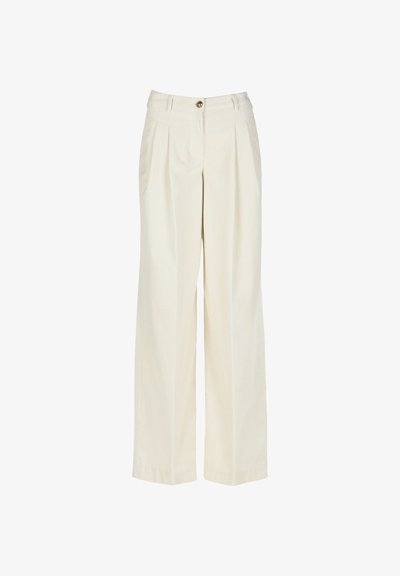 Cream-colored wide-leg trousers made from textured fabric, featuring a front button closure and two side pockets.