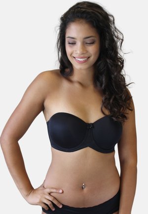 Black strapless bra with molded cups, smooth fabric, and a decorative bow detail at the center. Seamless design enhances comfort.