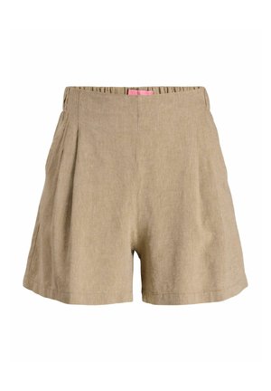 Shorts en lin beige taille haute avec plis sur les côtés et détail de ceinture élastique, conçus pour un usage décontracté.