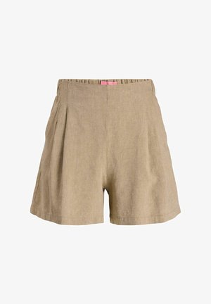 Shorts en lin beige taille haute avec plis sur les côtés et détail de ceinture élastique, conçus pour un usage décontracté.