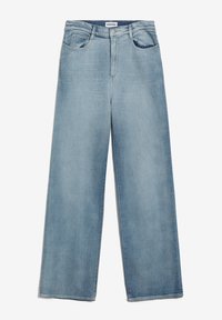 Lysblå højtaljede vide jeans med forlommer, bæltestropper og knaplukning, lagt fladt på en hvid baggrund.