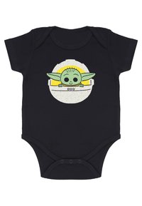 Svart babybody med en grafisk design av en grön, tecknad karaktär med stora ögon och öron, omgiven av en gul cirkulär design.