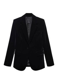 Blazer en velours noir à un seul bouton, avec des revers crantés, des poches à rabat et une doublure intérieure lisse, présenté sur fond blanc.