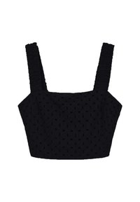 Top corto nero con spalline arricciate larghe e dettagli in tessuto ricamato a occhiello su sfondo bianco.