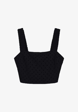 Débardeur noir raccourci avec bretelles larges froncées et détails en tissu brodé à œillets sur fond blanc.