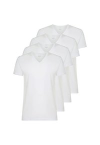 Quattro t-shirt bianche a collo a V disposte in un'aggregazione impilata, realizzate in cotone con maniche corte, caratterizzate da una texture semplice e liscia.
