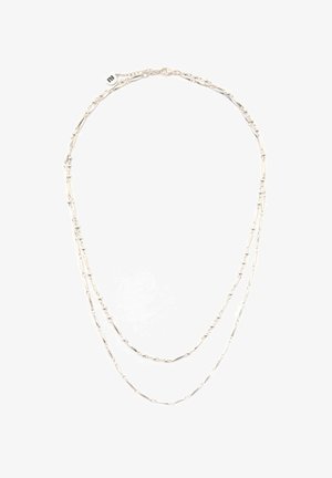 Kéttagú, finom ezüstlánc nyaklánc kis gyöngyökkel és megnyúlt rúdkapcsolókkal, kapoccsal és állítható hosszabbító lánccal.