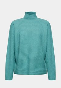 Pull col roulé turquoise en tissu tricoté côtelé, présentant une coupe décontractée et des manches longues, avec une texture lisse.