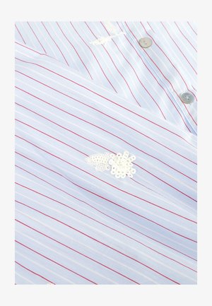 Lichtblauw overhemd met witte en rode verticale strepen, met een wit geborduurd bloemmotief en grijze knopen. Zachte stoftextuur.