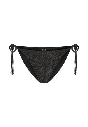 Bas de bikini noir avec un devant en tissu noir scintillant, dos uni noir, et liens latéraux réglables. Comprend un accent de logo subtil.