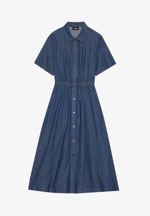 Knap-op chambray kjole med korte ærmer, en indsnøret talje og A-line nederdel. Har guldtonede knapper og to sidelommer.