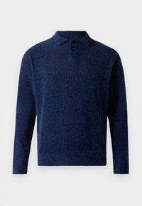 Dunkelblauer Pullover aus weichem, strukturiertem Stoff. Verfügt über einen Kragen, eine Dreiknopf-Leiste und lange Ärmel. Minimalistisches Design.