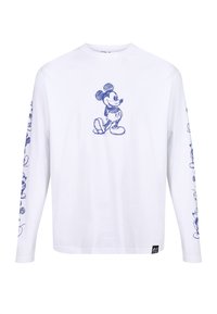 Maglietta a maniche lunghe in cotone bianco con schizzi blu di Topolino sulla parte frontale e sulle maniche, con un piccolo etichetta all'orlo.