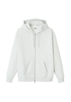 Hoodie zippé gris clair en tissu doux. Comprend une fermeture éclair à l'avant, deux poches latérales et une capuche avec cordon de serrage. Design minimaliste.