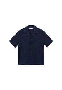 Cămașă navy cu mânecă scurtă, design cu guler, cu închidere prin butoane în față, un singur buzunar pe piept, realizată dintr-un material ușor cu o textură netedă.